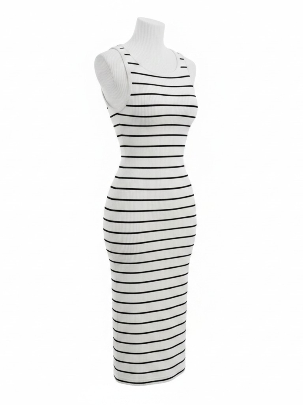 Sleeveless White and Black Striped Ribbed Midi Dress